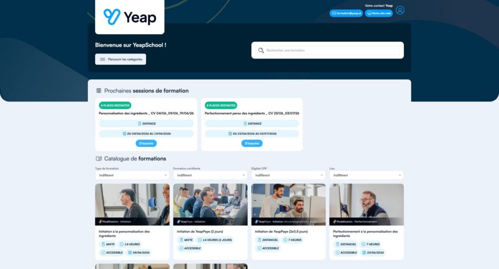 Capture d’écran du catalogue de formation de la YeapSchool